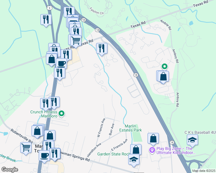 map of restaurants, bars, coffee shops, grocery stores, and more near 1057 Roseberry Court in Marlboro