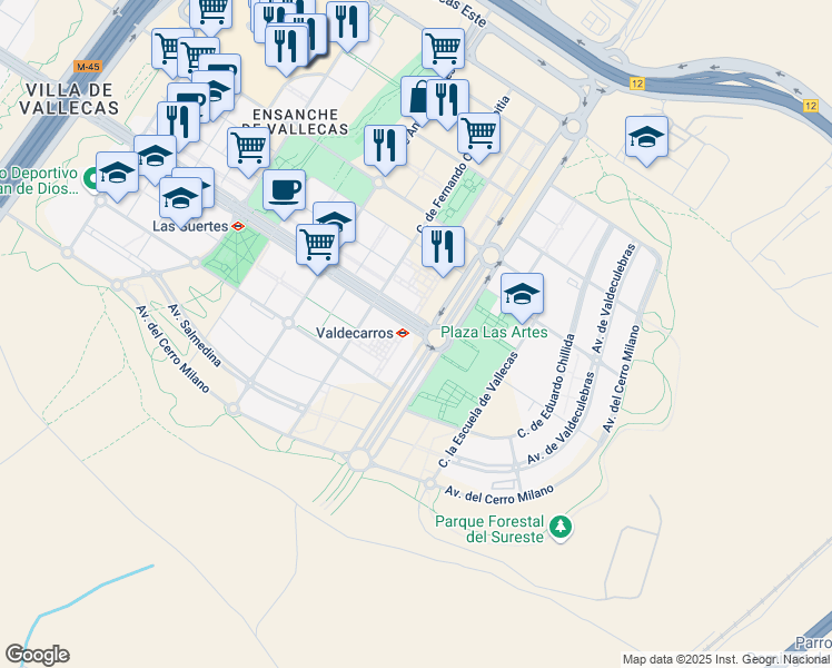 map of restaurants, bars, coffee shops, grocery stores, and more near 89 Avenida del Ensanche de Vallecas in Madrid