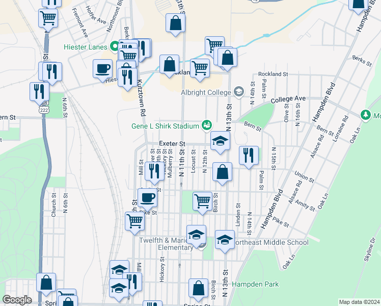 map of restaurants, bars, coffee shops, grocery stores, and more near 1630 Locust Street in Reading