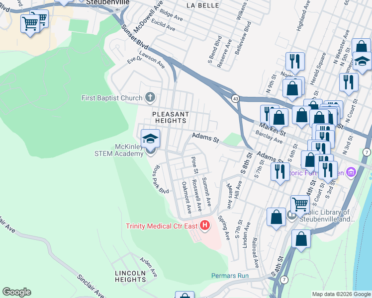 map of restaurants, bars, coffee shops, grocery stores, and more near 506 Grandview Avenue in Steubenville