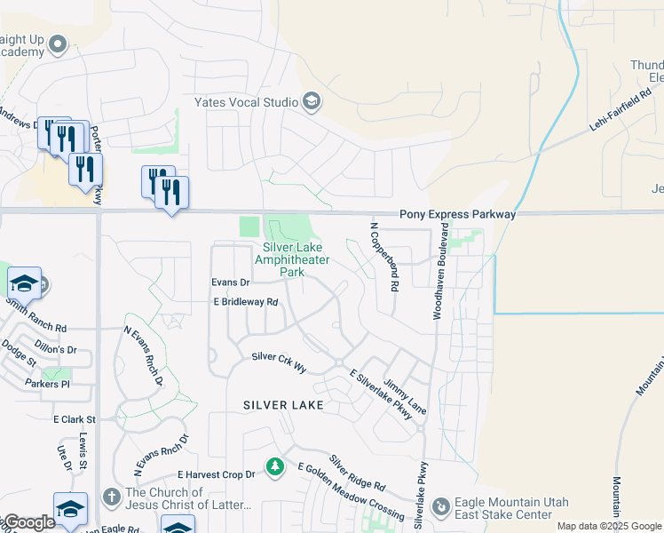 map of restaurants, bars, coffee shops, grocery stores, and more near 7875 North Brookwood Drive in Eagle Mountain