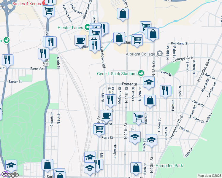 map of restaurants, bars, coffee shops, grocery stores, and more near 1649 Moss Street in Reading