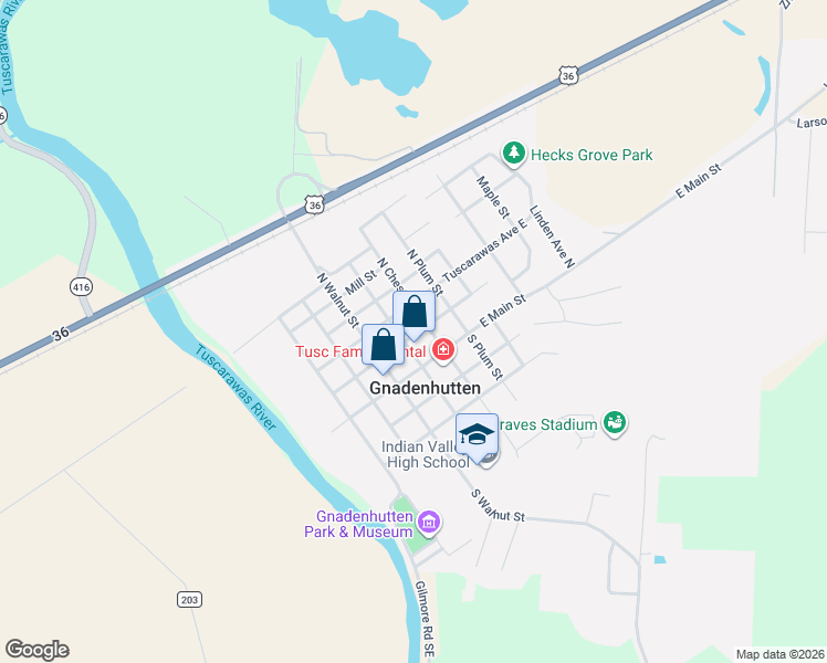 map of restaurants, bars, coffee shops, grocery stores, and more near 142 Tuscarawas Avenue in Gnadenhutten