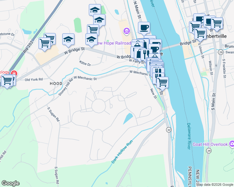 map of restaurants, bars, coffee shops, grocery stores, and more near 28 Arden Way in New Hope