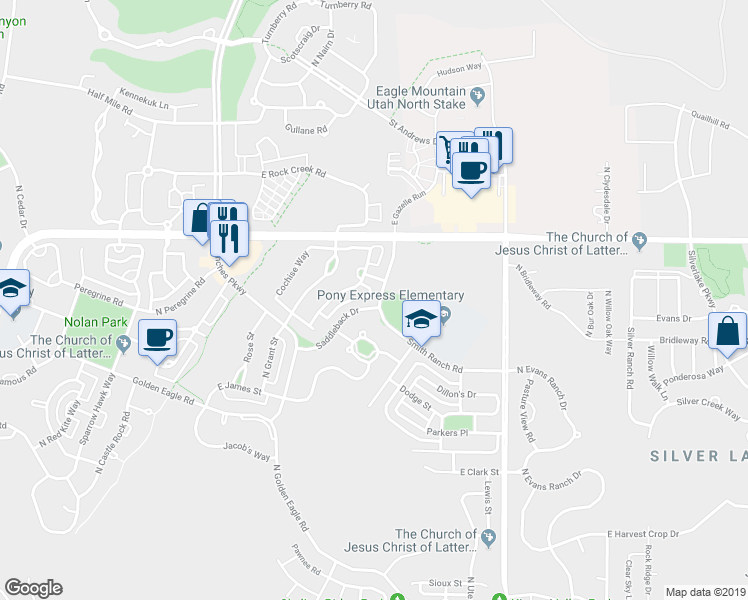 map of restaurants, bars, coffee shops, grocery stores, and more near 7894 Apache Lane in Eagle Mountain