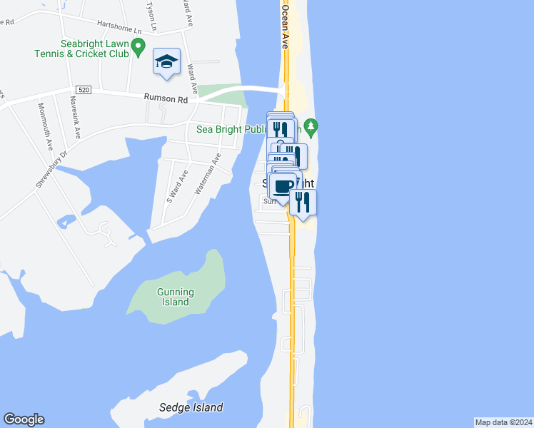 map of restaurants, bars, coffee shops, grocery stores, and more near 24 Surf Street in Sea Bright