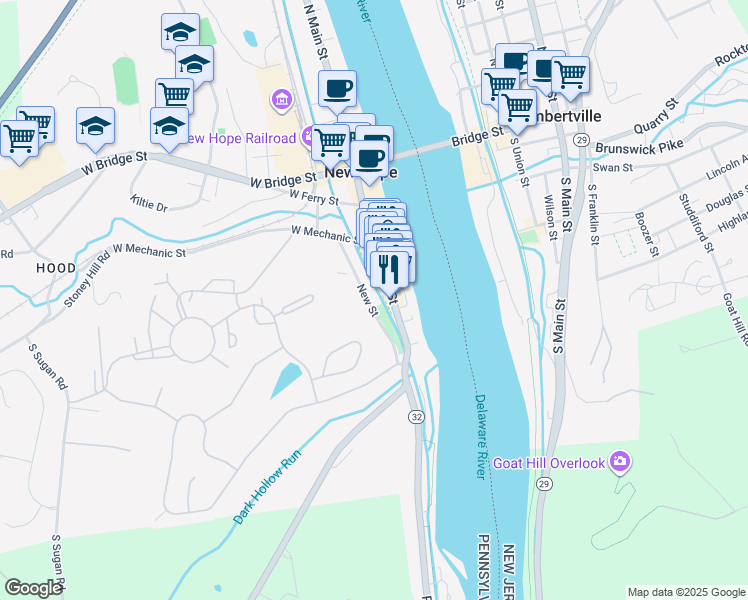map of restaurants, bars, coffee shops, grocery stores, and more near 115 South Main Street in New Hope
