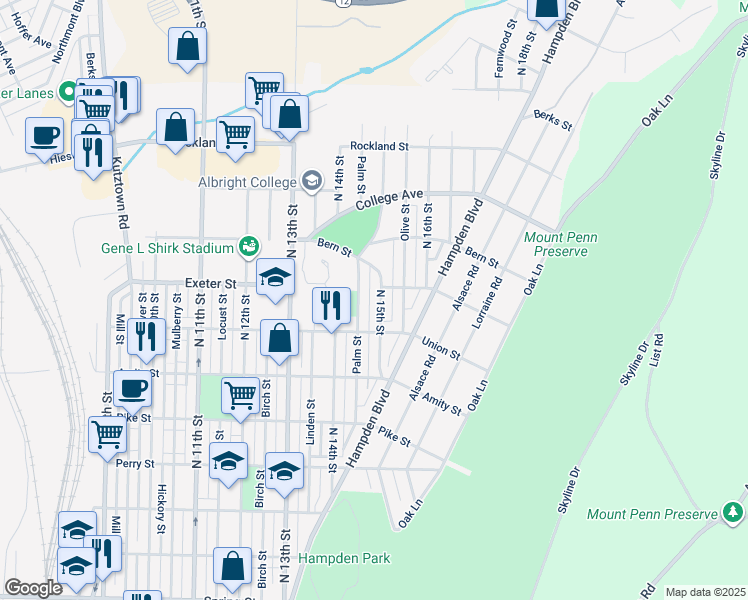 map of restaurants, bars, coffee shops, grocery stores, and more near 1616 North 15th Street in Reading