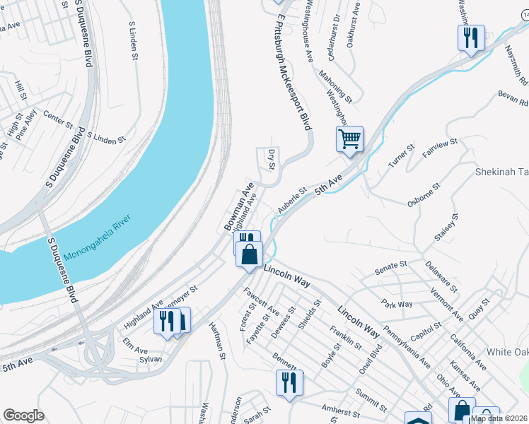 map of restaurants, bars, coffee shops, grocery stores, and more near 507 Lime Street in McKeesport