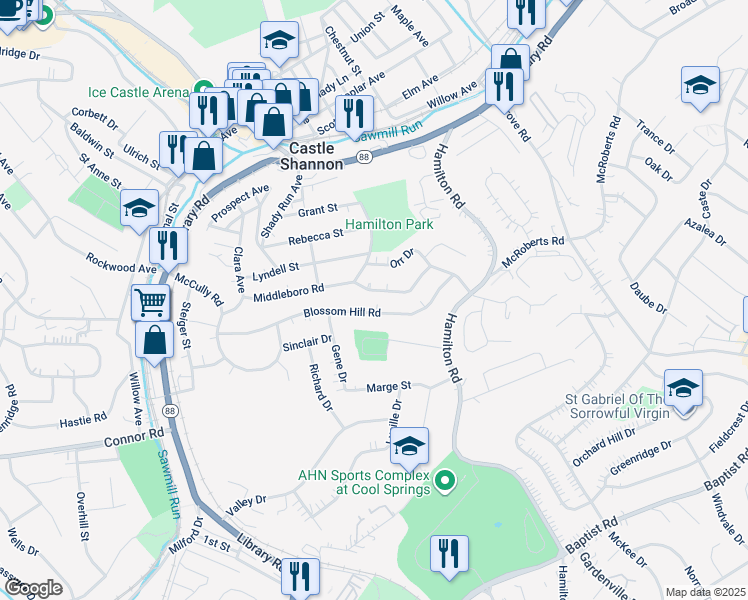 map of restaurants, bars, coffee shops, grocery stores, and more near 3588 Middleboro Road in Pittsburgh