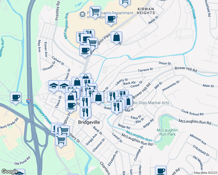map of restaurants, bars, coffee shops, grocery stores, and more near 100 Union Street in Bridgeville