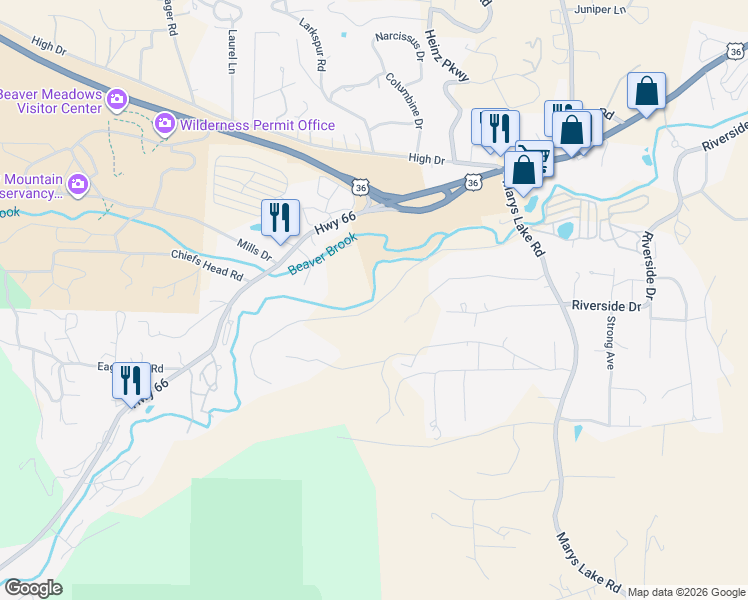 map of restaurants, bars, coffee shops, grocery stores, and more near 1475 Lower Broadview Road in Estes Park