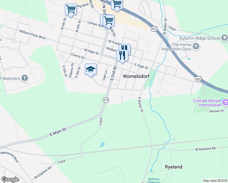 map of restaurants, bars, coffee shops, grocery stores, and more near 119 West Jefferson Street in Womelsdorf