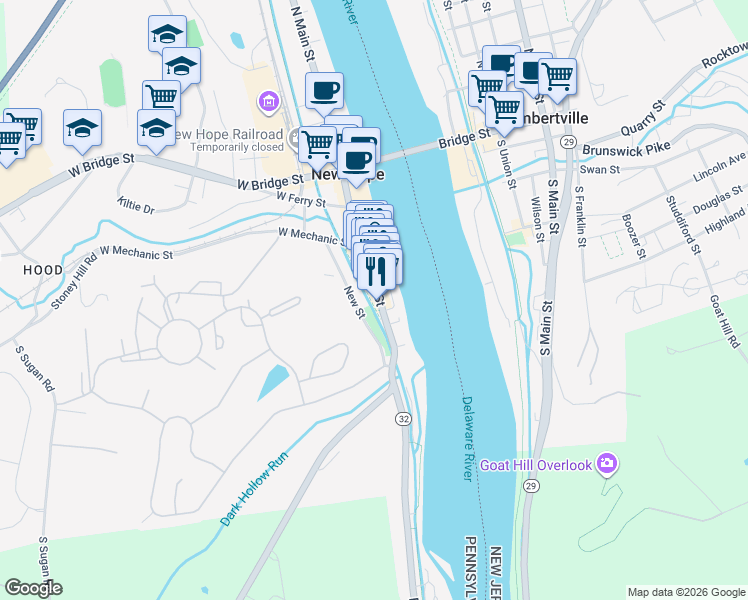 map of restaurants, bars, coffee shops, grocery stores, and more near 115 South Main Street in New Hope