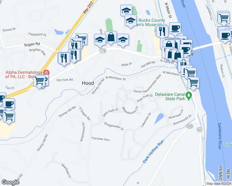 map of restaurants, bars, coffee shops, grocery stores, and more near 26 Darien in New Hope
