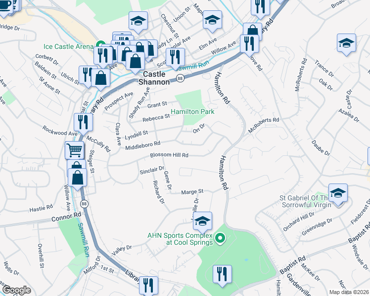 map of restaurants, bars, coffee shops, grocery stores, and more near 3588 Middleboro Road in Pittsburgh
