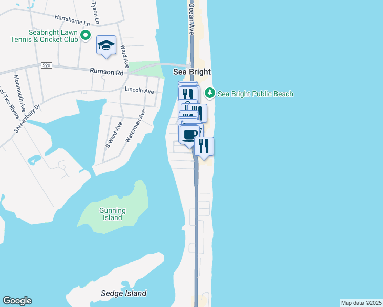 map of restaurants, bars, coffee shops, grocery stores, and more near Ocean Avenue & Beach Street in Rumson