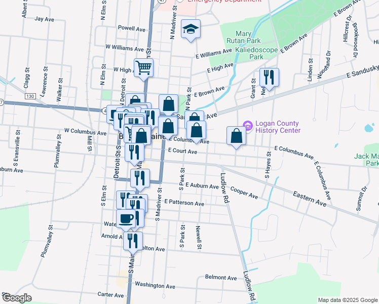 map of restaurants, bars, coffee shops, grocery stores, and more near East Court Avenue in Bellefontaine