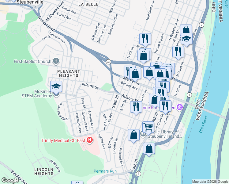 map of restaurants, bars, coffee shops, grocery stores, and more near Adams Street in Steubenville