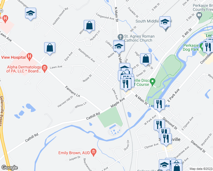 map of restaurants, bars, coffee shops, grocery stores, and more near 226 Lawn Avenue in Sellersville