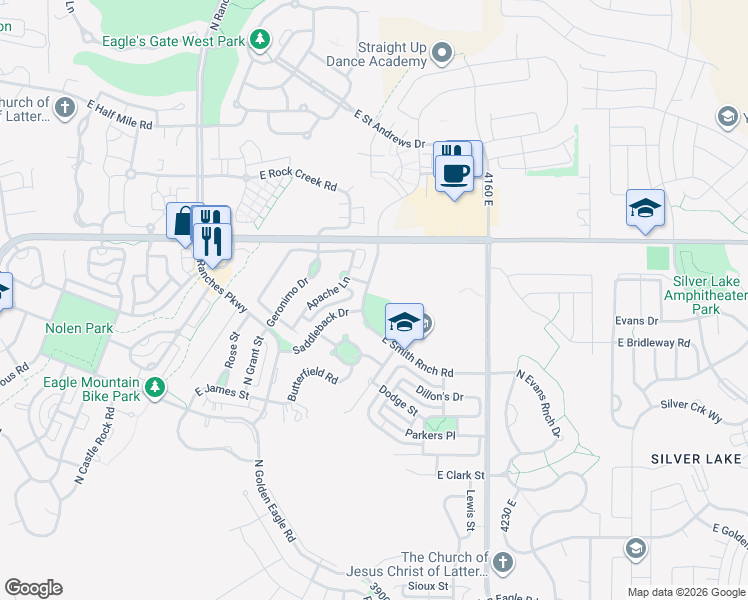 map of restaurants, bars, coffee shops, grocery stores, and more near 3985 Smith Ranch Road in Eagle Mountain