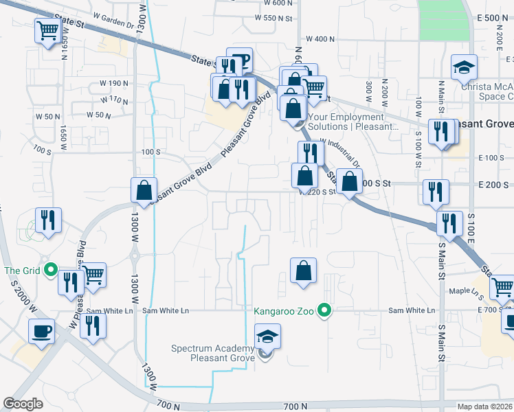 map of restaurants, bars, coffee shops, grocery stores, and more near 868 West 260 South in Pleasant Grove