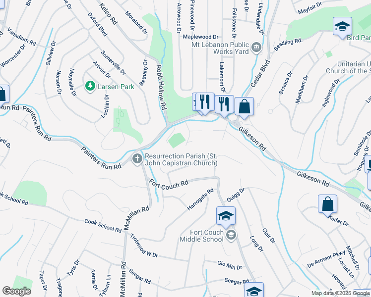 map of restaurants, bars, coffee shops, grocery stores, and more near 201 Painters Drive in Pittsburgh