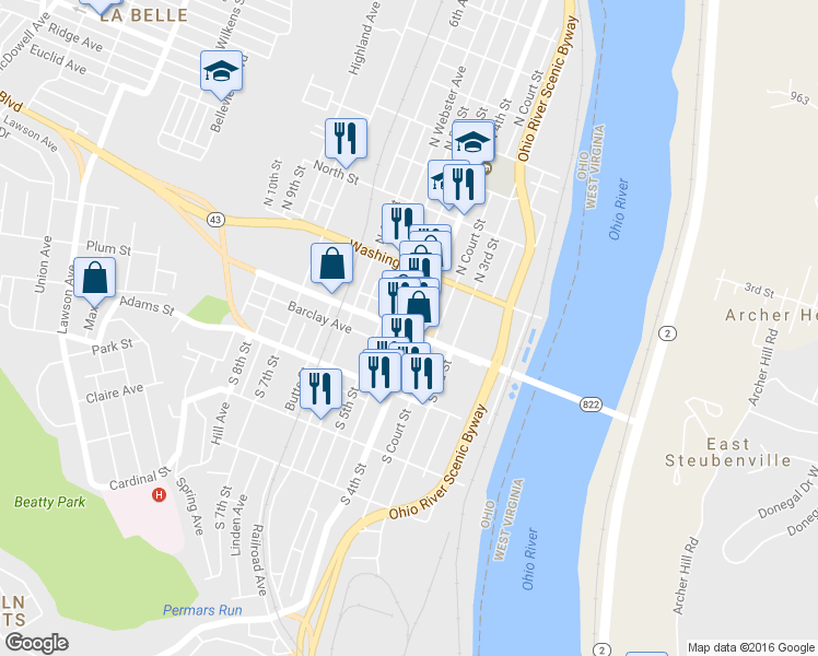map of restaurants, bars, coffee shops, grocery stores, and more near 117 North Commercial Street in Steubenville
