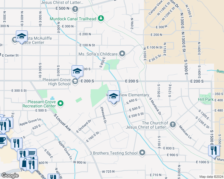map of restaurants, bars, coffee shops, grocery stores, and more near 254 South Cherry Hill Drive in Pleasant Grove