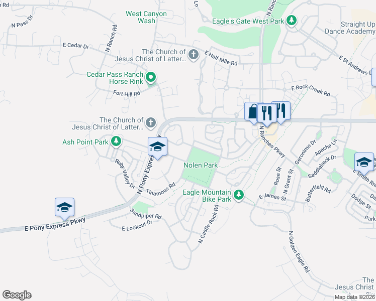 map of restaurants, bars, coffee shops, grocery stores, and more near 7861 Tinamous Road in Eagle Mountain
