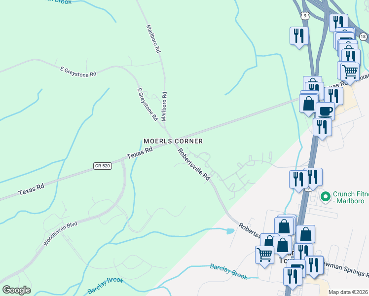 map of restaurants, bars, coffee shops, grocery stores, and more near 17 Baker Court in Old Bridge