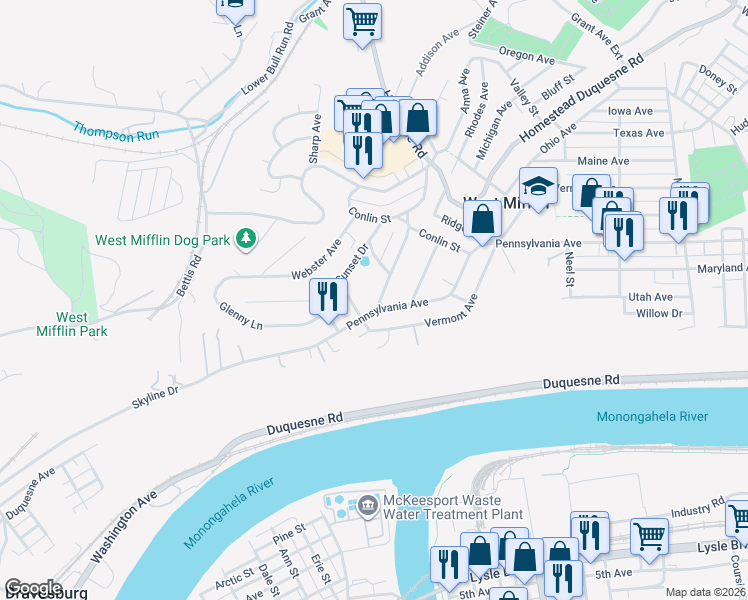map of restaurants, bars, coffee shops, grocery stores, and more near 2407 Pennsylvania Avenue in West Mifflin