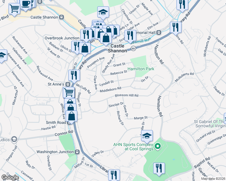 map of restaurants, bars, coffee shops, grocery stores, and more near 3904 Middleboro Road in Pittsburgh