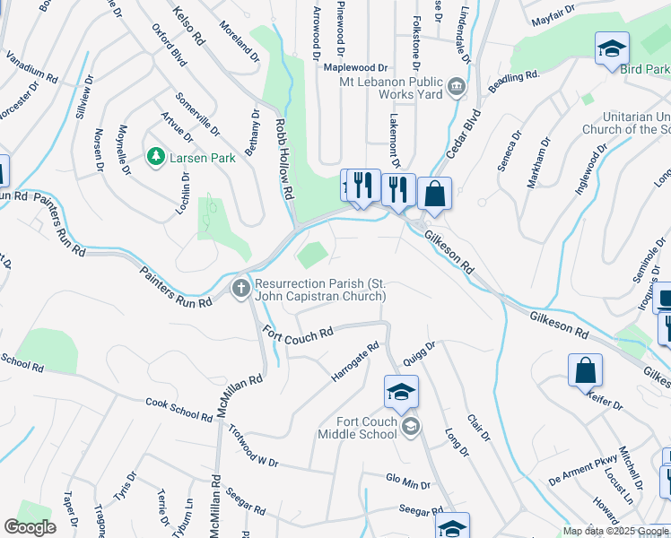 map of restaurants, bars, coffee shops, grocery stores, and more near 201 Painters Drive in Pittsburgh