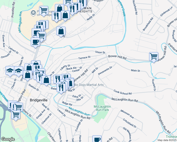 map of restaurants, bars, coffee shops, grocery stores, and more near 811 Bower Hill Road in Bridgeville