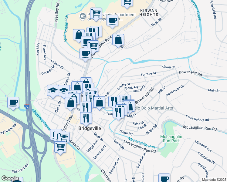map of restaurants, bars, coffee shops, grocery stores, and more near 182 Liberty Street in Bridgeville