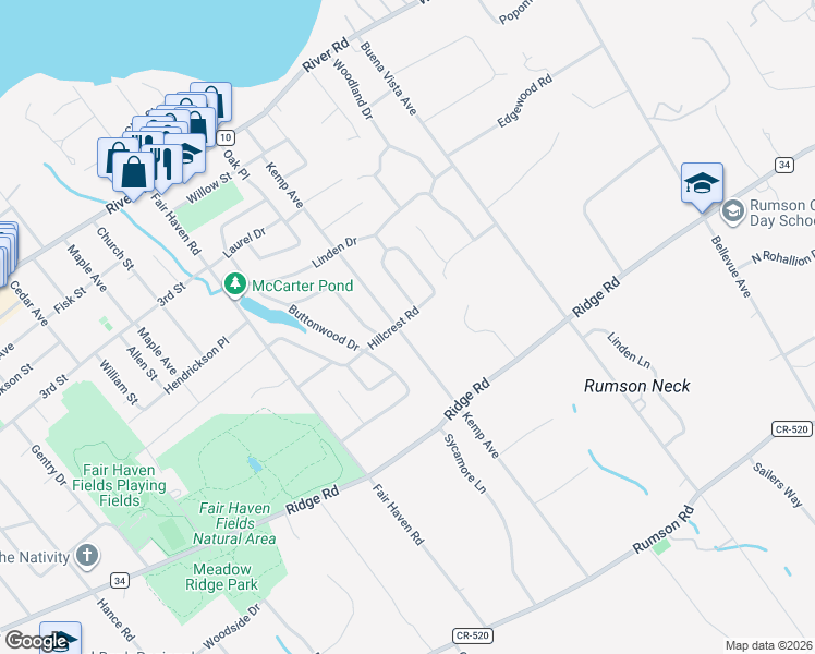 map of restaurants, bars, coffee shops, grocery stores, and more near 26 Hillcrest Road in Fair Haven
