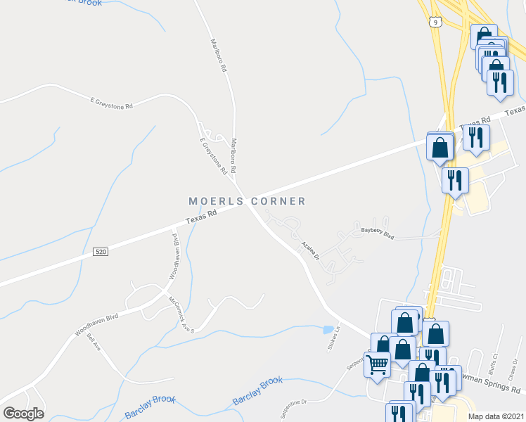 map of restaurants, bars, coffee shops, grocery stores, and more near 17 Baker Court in Old Bridge