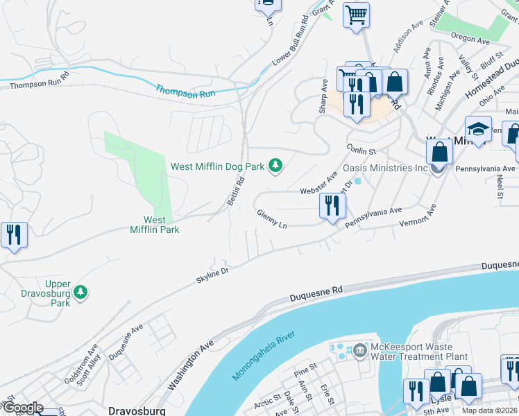 map of restaurants, bars, coffee shops, grocery stores, and more near 2708 Glenny Lane in West Mifflin