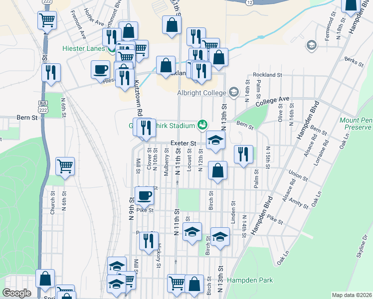 map of restaurants, bars, coffee shops, grocery stores, and more near 1114 Exeter Street in Reading