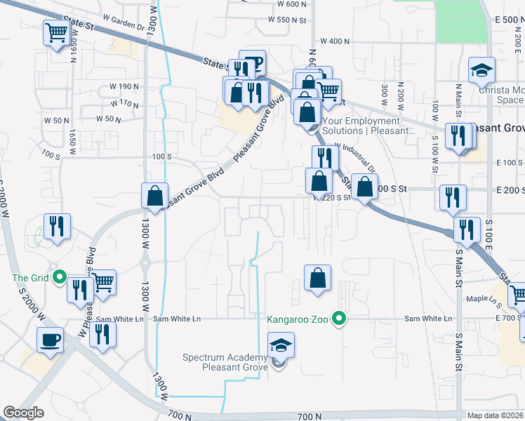 map of restaurants, bars, coffee shops, grocery stores, and more near 277 South 840 West in Pleasant Grove