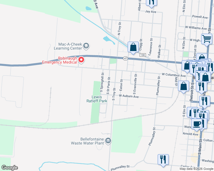 map of restaurants, bars, coffee shops, grocery stores, and more near 1009 West Chillicothe Avenue in Bellefontaine