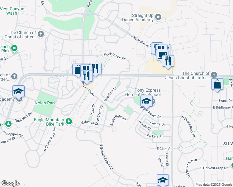 map of restaurants, bars, coffee shops, grocery stores, and more near 7865 Apache Lane in Eagle Mountain