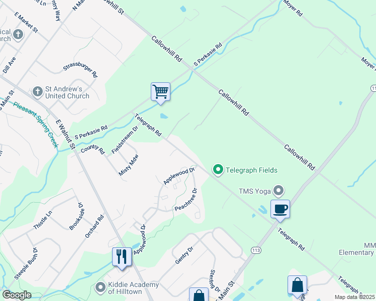 map of restaurants, bars, coffee shops, grocery stores, and more near 1209 Telegraph Road in Perkasie