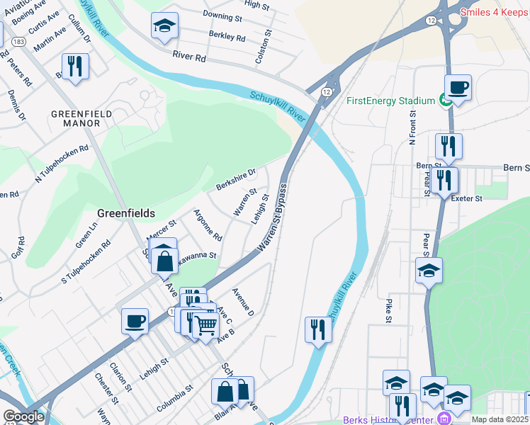 map of restaurants, bars, coffee shops, grocery stores, and more near 828 Lehigh Street in Reading