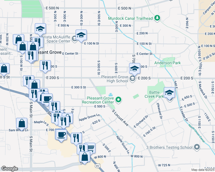 map of restaurants, bars, coffee shops, grocery stores, and more near 1037 East 300 South in Pleasant Grove