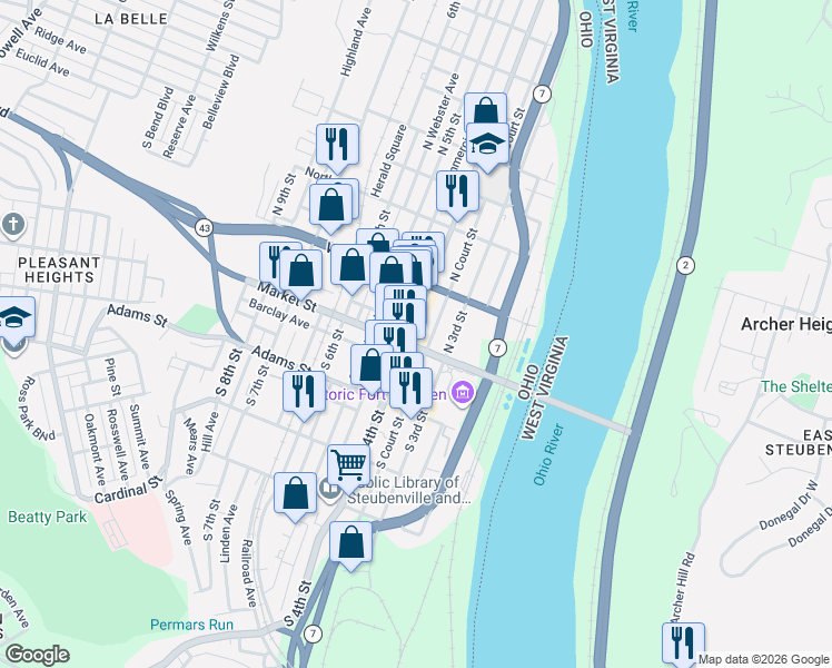 map of restaurants, bars, coffee shops, grocery stores, and more near 106 North 4th Street in Steubenville