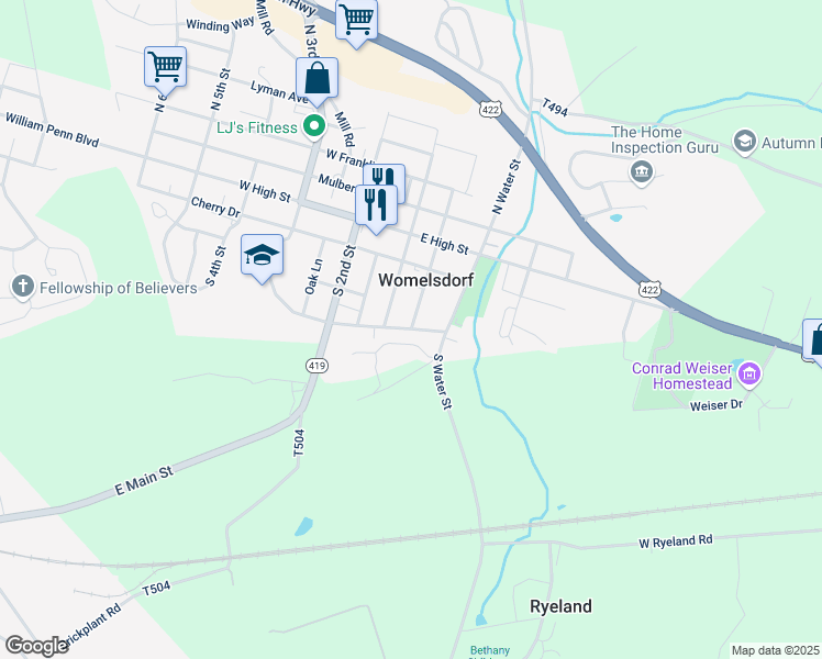 map of restaurants, bars, coffee shops, grocery stores, and more near East Jefferson Street in Womelsdorf
