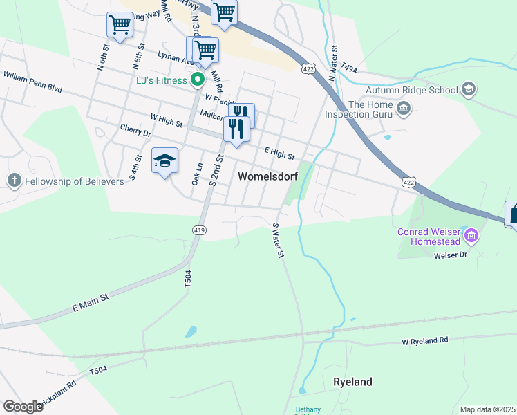 map of restaurants, bars, coffee shops, grocery stores, and more near East Jefferson Street in Womelsdorf