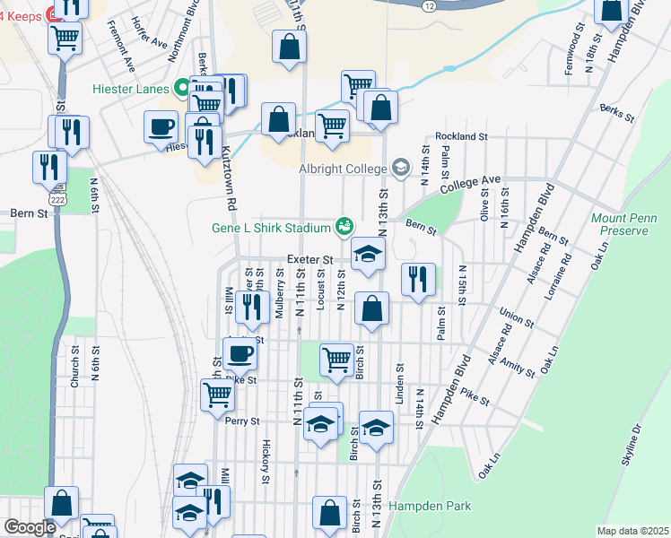 map of restaurants, bars, coffee shops, grocery stores, and more near 1626 N 12th St in Reading